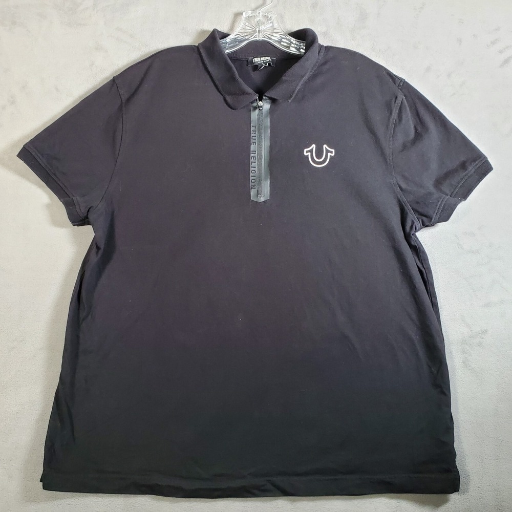 True Religion Polo Shirt Mens L Black Tape Logo 1/4 Zip Short Sleeve Casual Prep